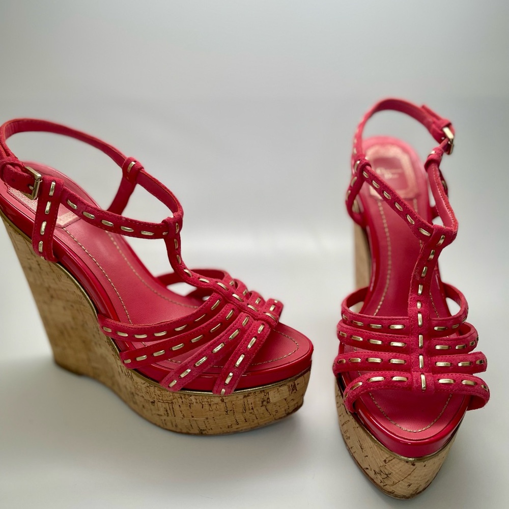 AUTH Dior Pink and Gold Wedge Sandals with Strappy Design